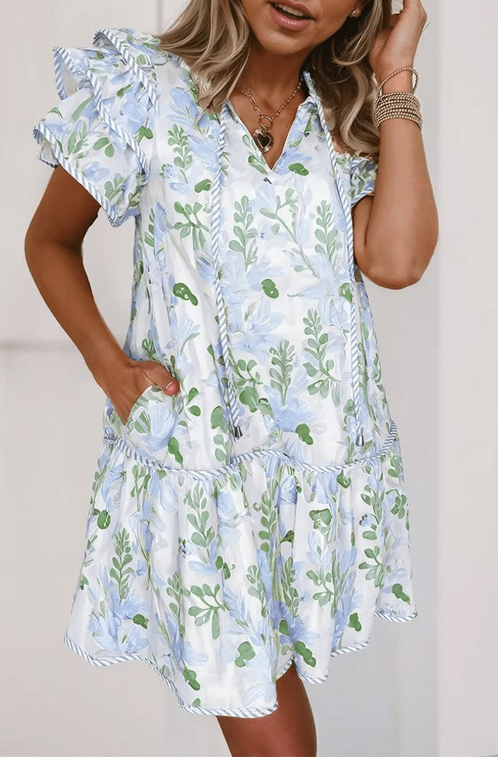Dames Bloemenprint Pofmouw Mini-jurk Strikhalslijn Relaxed Fit - Blue