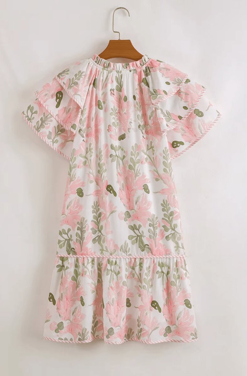 Dames Bloemenprint Pofmouw Mini-jurk Strikhalslijn Relaxed Fit
