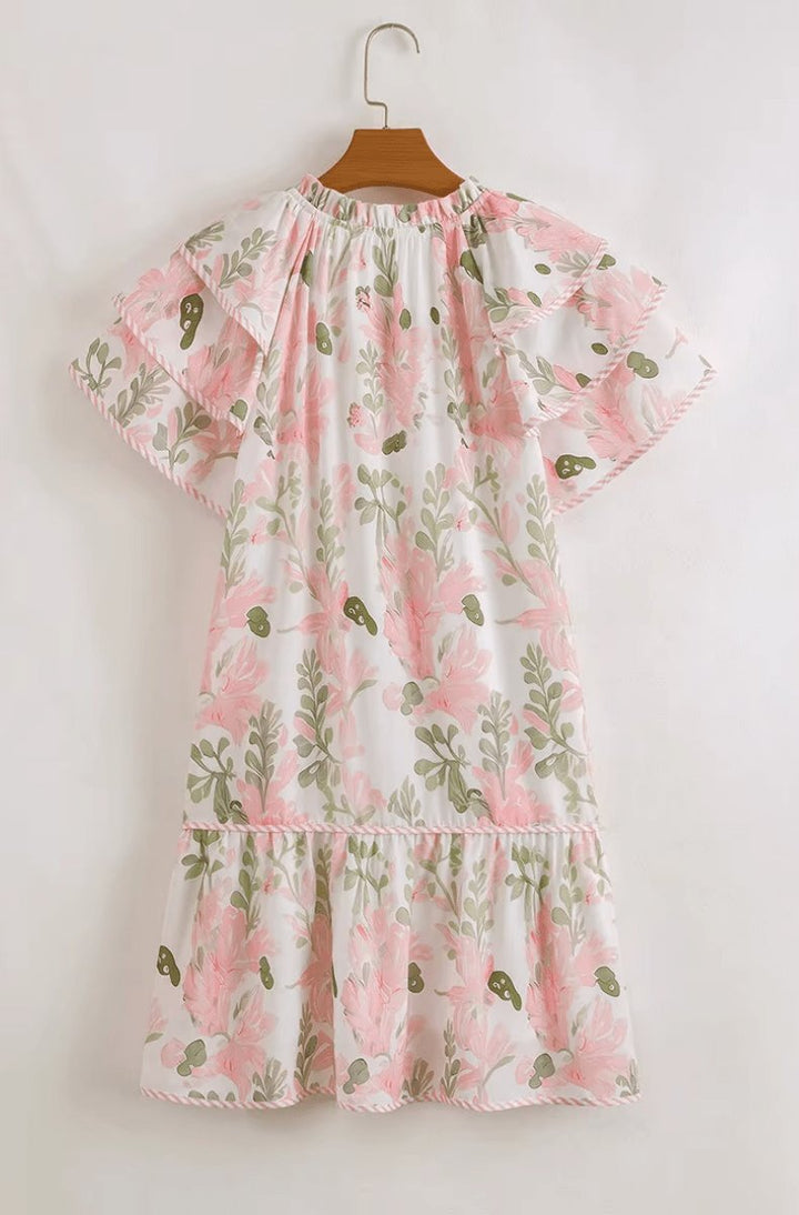Dames Bloemenprint Pofmouw Mini-jurk Strikhalslijn Relaxed Fit