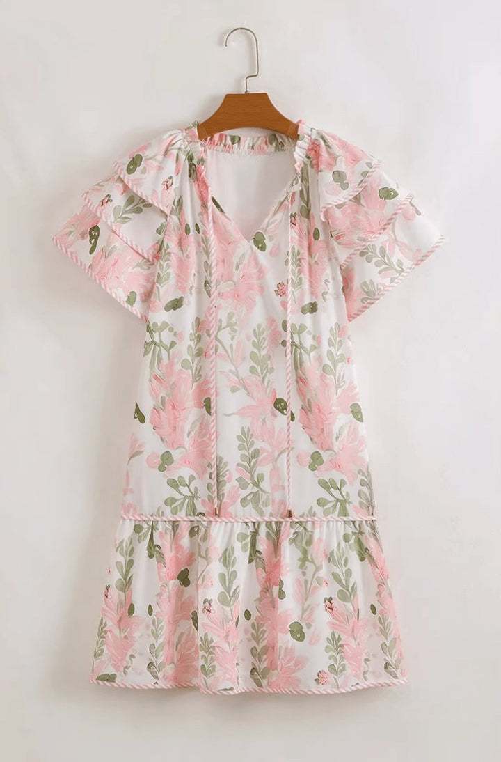Dames Bloemenprint Pofmouw Mini-jurk Strikhalslijn Relaxed Fit