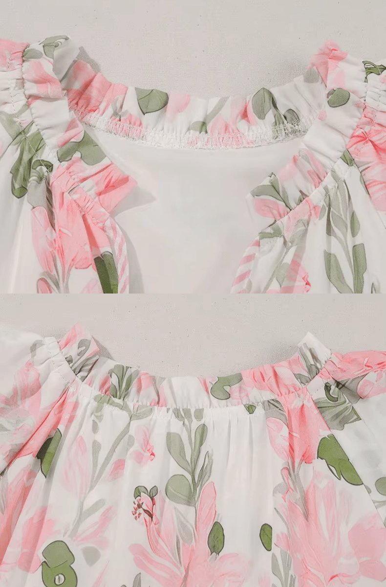 Dames Bloemenprint Pofmouw Mini-jurk Strikhalslijn Relaxed Fit