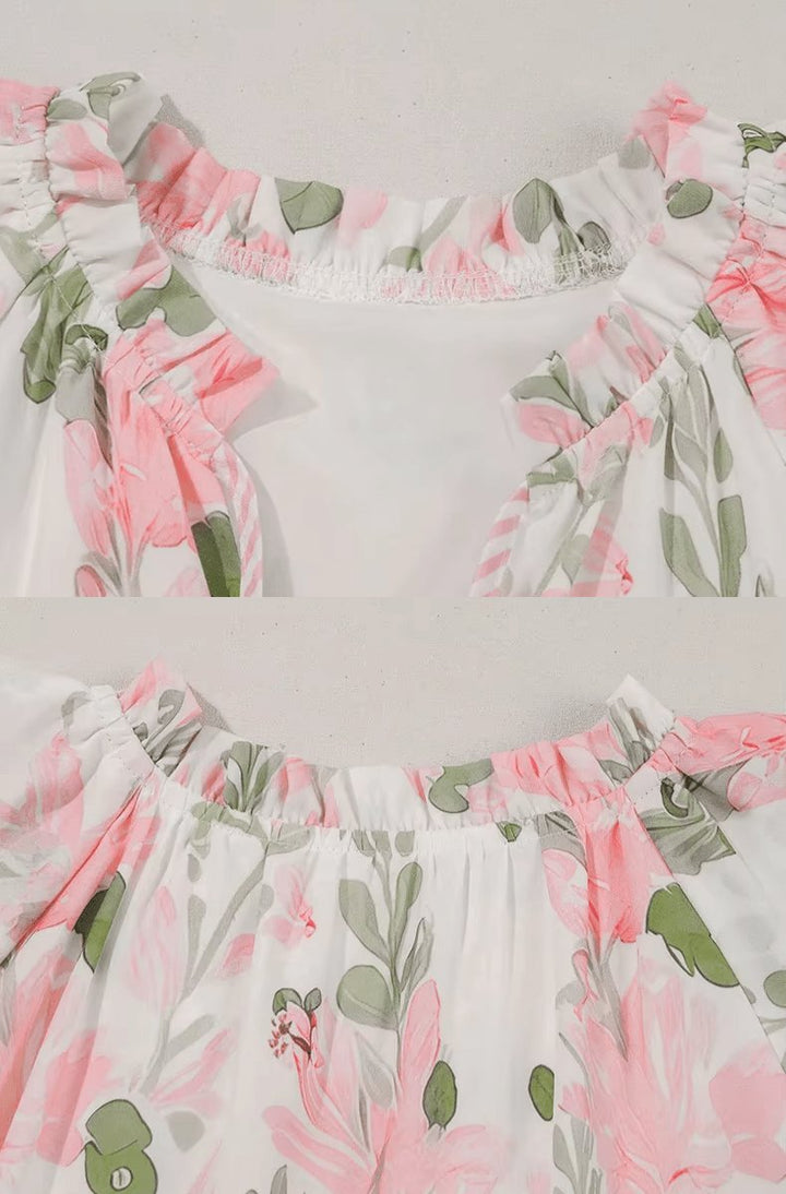 Dames Bloemenprint Pofmouw Mini-jurk Strikhalslijn Relaxed Fit