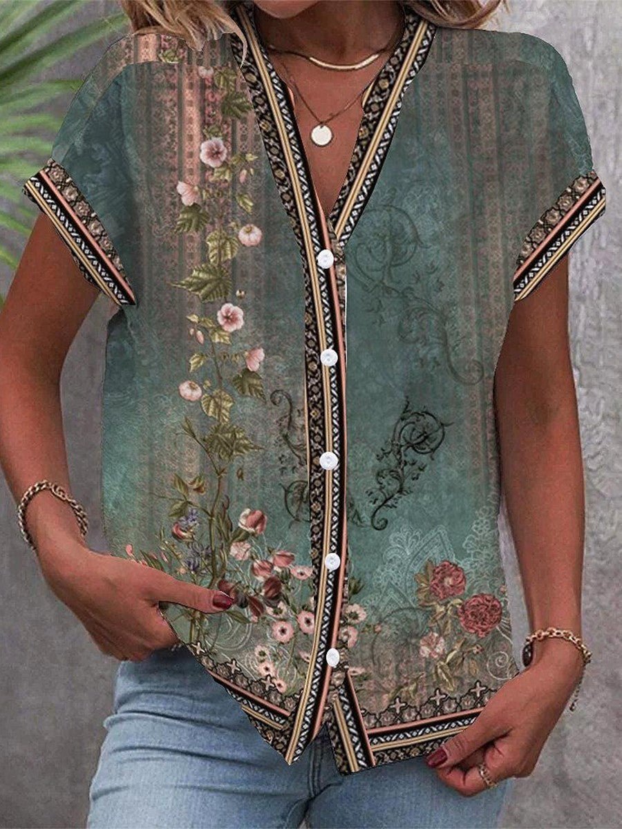 Dames Bloemenprint V-hals Kortmouw Blouse - Green