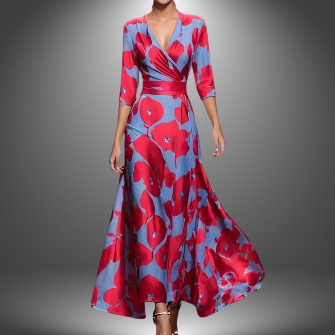 Dames Bloemenprint V-hals Maxi Wikkeljurk met Halve Mouw - Red