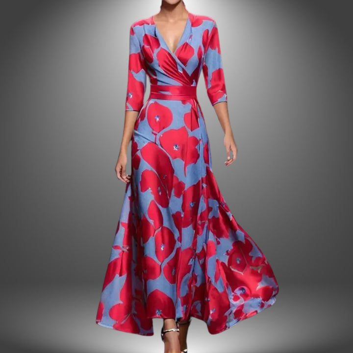 Dames Bloemenprint V-hals Maxi Wikkeljurk met Halve Mouw - Red