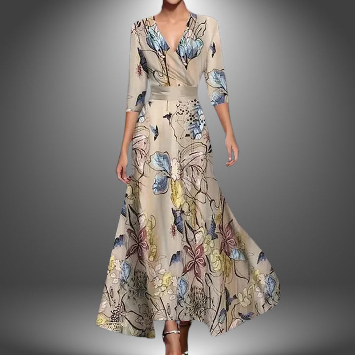 Dames Bloemenprint V-hals Maxi Wikkeljurk met Halve Mouw - Champagne