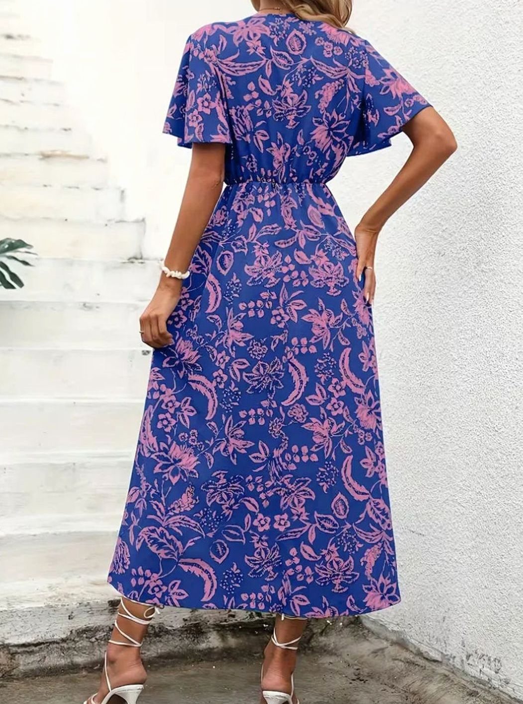 Dames Bloemenprint V-hals Midi Wikkeljurk met Zijslit