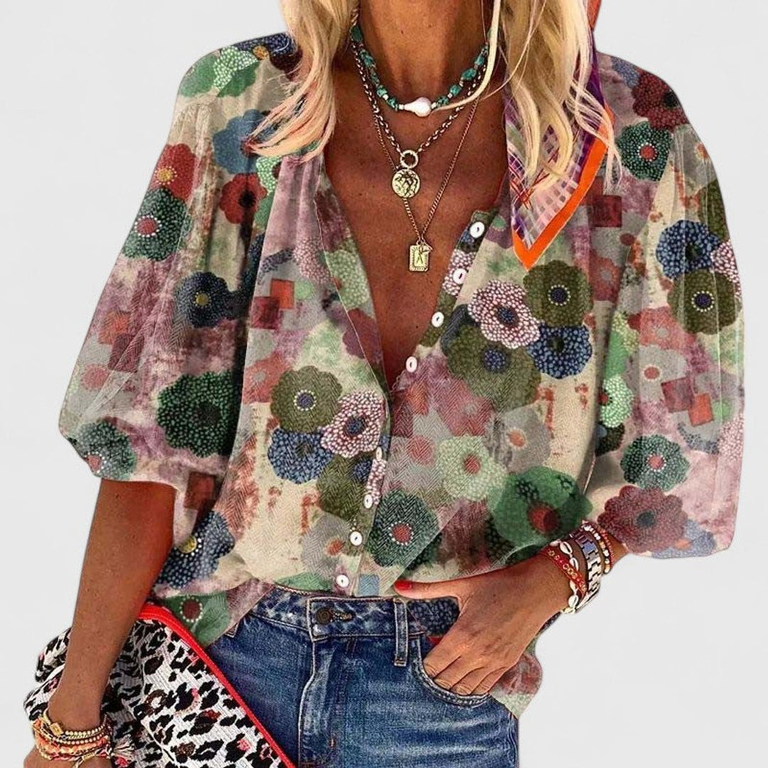 Dames Bloemenprint V-hals Relaxed-Fit Blouse - Green
