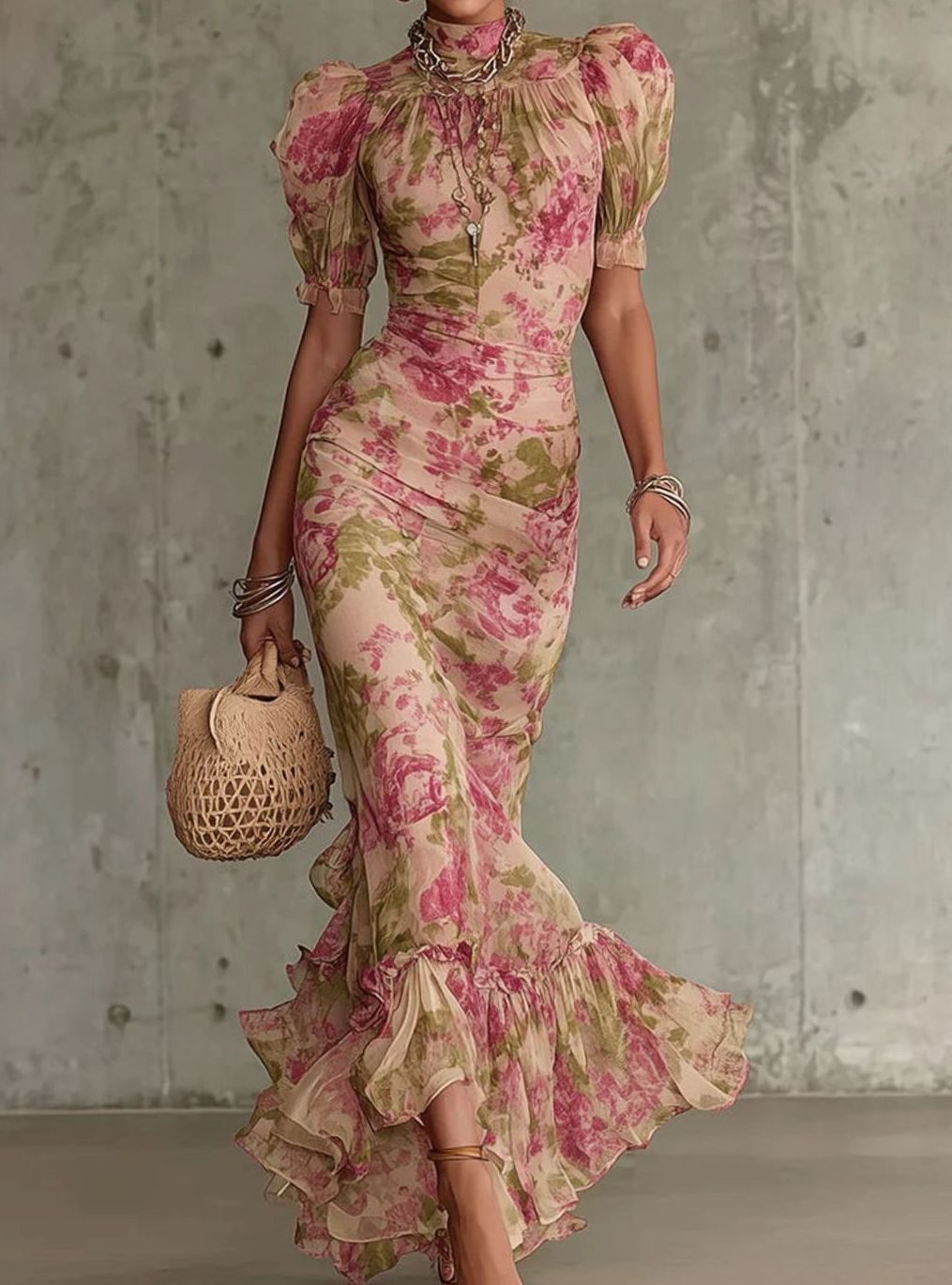 Dames Bloemenprint Vintage Ruche Maxi Jurk Lange Mouwen - Roze