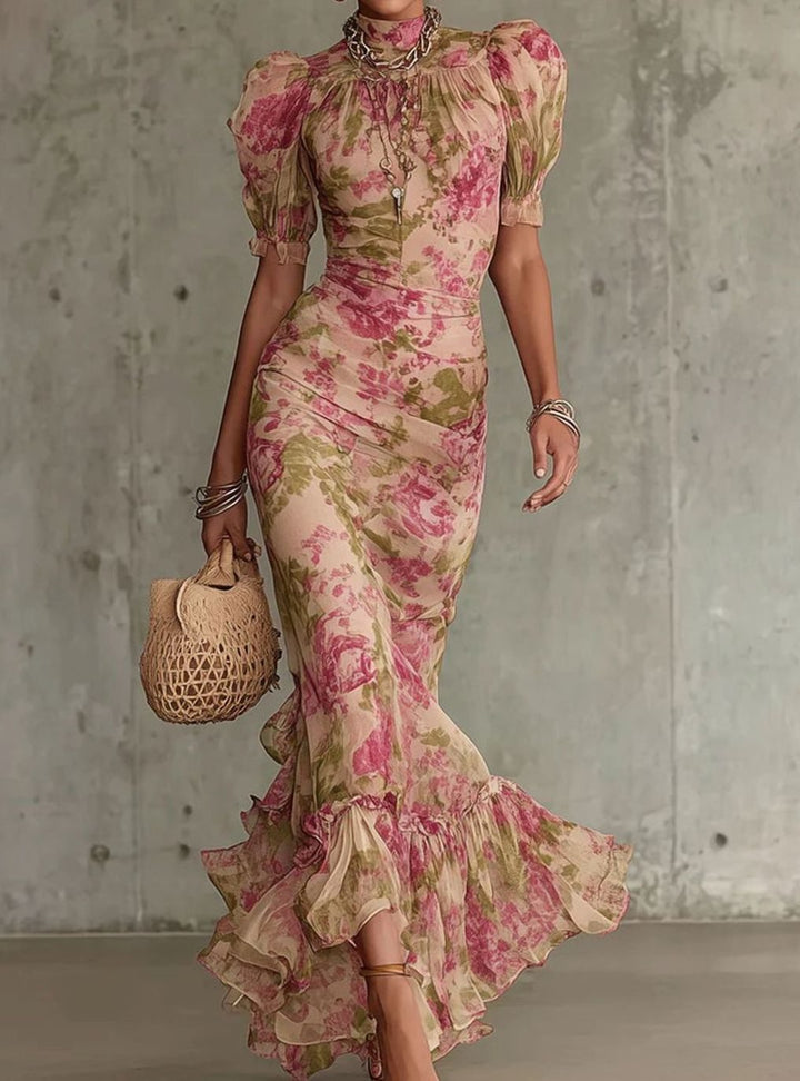 Dames Bloemenprint Vintage Ruche Maxi Jurk Lange Mouwen - Roze