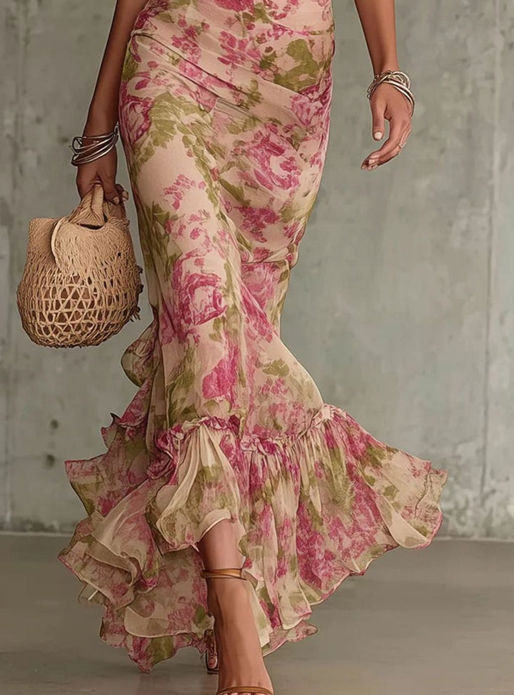 Dames Bloemenprint Vintage Ruche Maxi Jurk Lange Mouwen