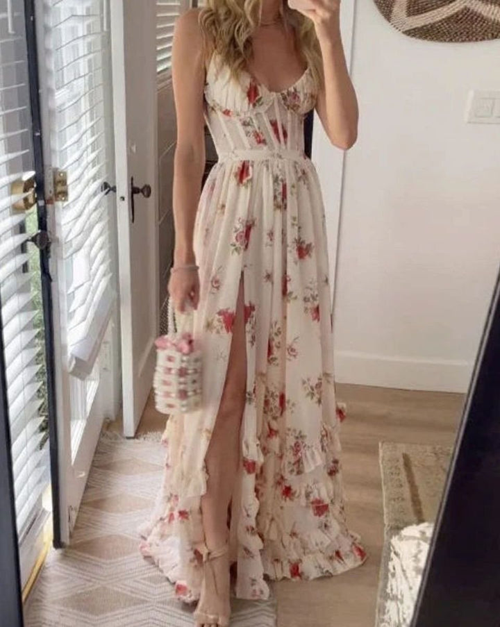 Dames Bloemige Maxi Jurk Hoge Split Spaghettibandje - Beige