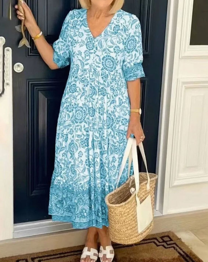 Dames Bloemige V-Hals Maxi Zomerjurk met Korte Mouwen - Lichtblauw