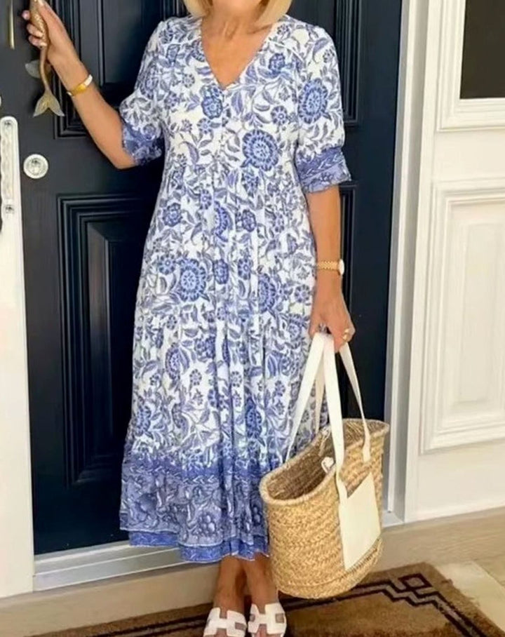 Dames Bloemige V-Hals Maxi Zomerjurk met Korte Mouwen - Blauw