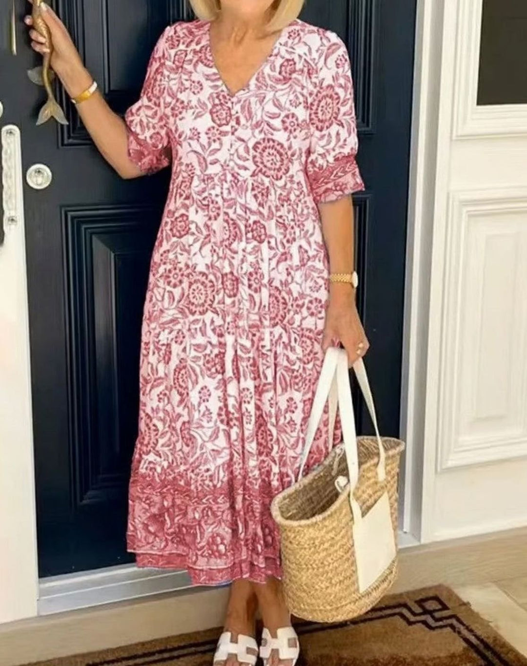 Dames Bloemige V-Hals Maxi Zomerjurk met Korte Mouwen - Roze