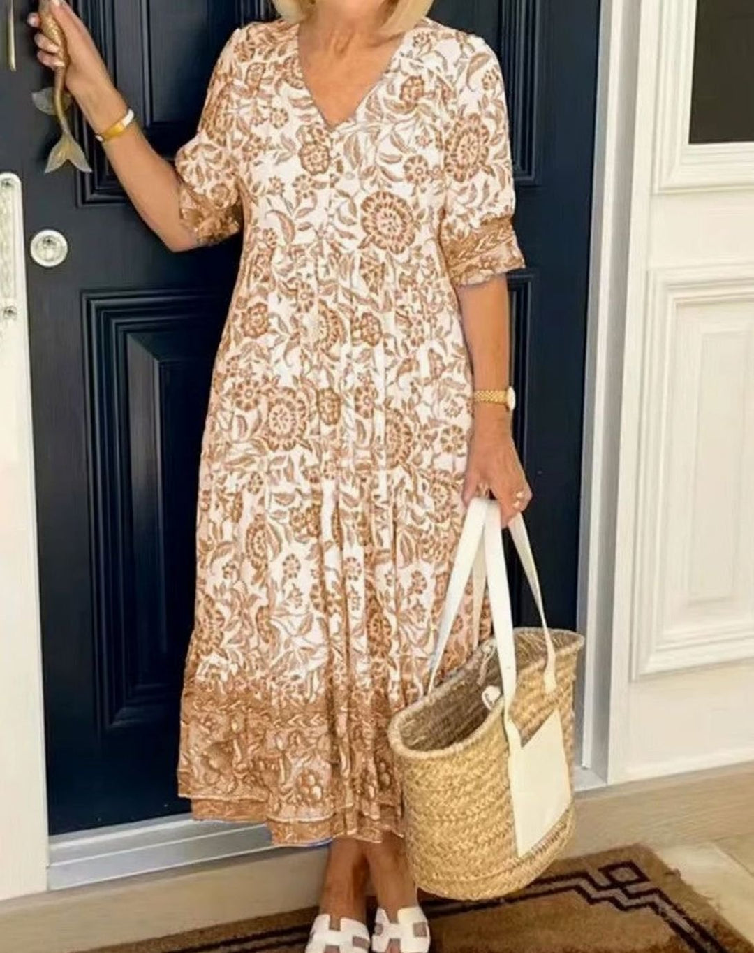 Dames Bloemige V-Hals Maxi Zomerjurk met Korte Mouwen - Kaki