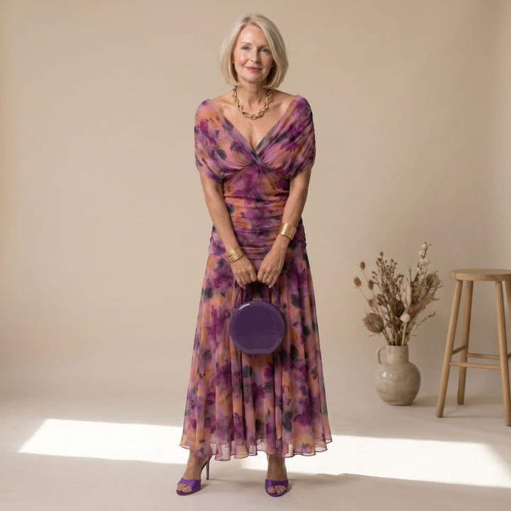 Dames Bloemprint Off-Shoulder Feestjurk Midi Geplooide Chiffon - Lila