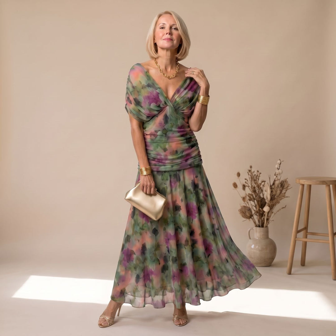 Dames Bloemprint Off-Shoulder Feestjurk Midi Geplooide Chiffon - Donkergroen