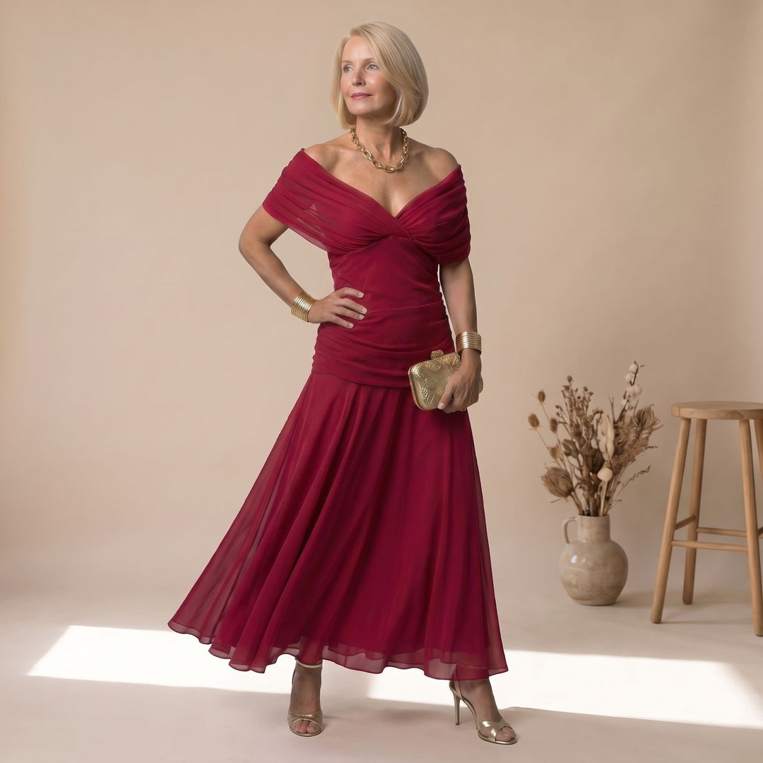 Dames Bloemprint Off-Shoulder Feestjurk Midi Geplooide Chiffon - Rood
