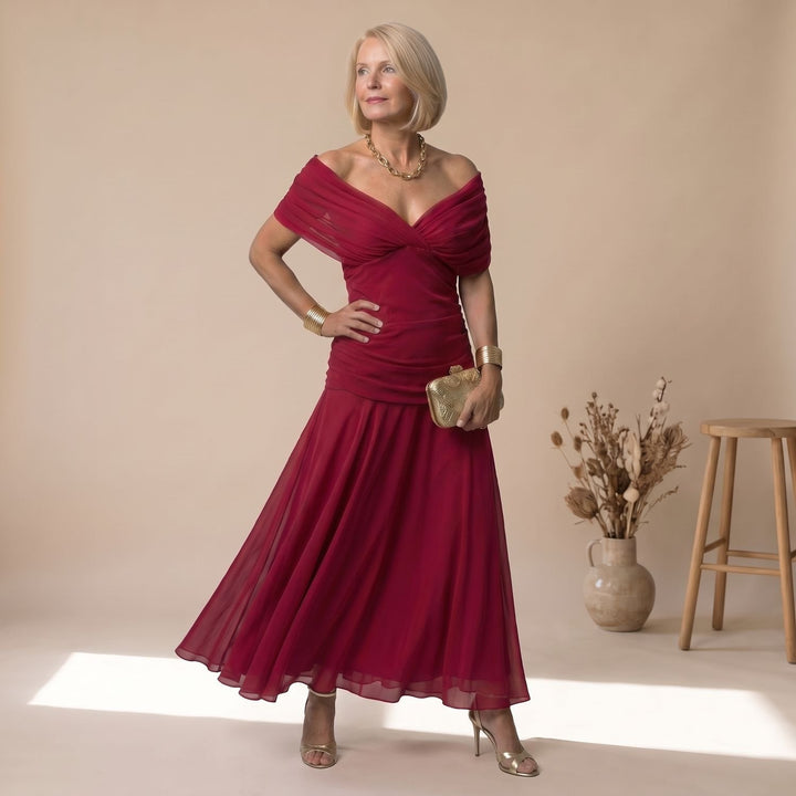 Dames Bloemprint Off-Shoulder Feestjurk Midi Geplooide Chiffon - Rood