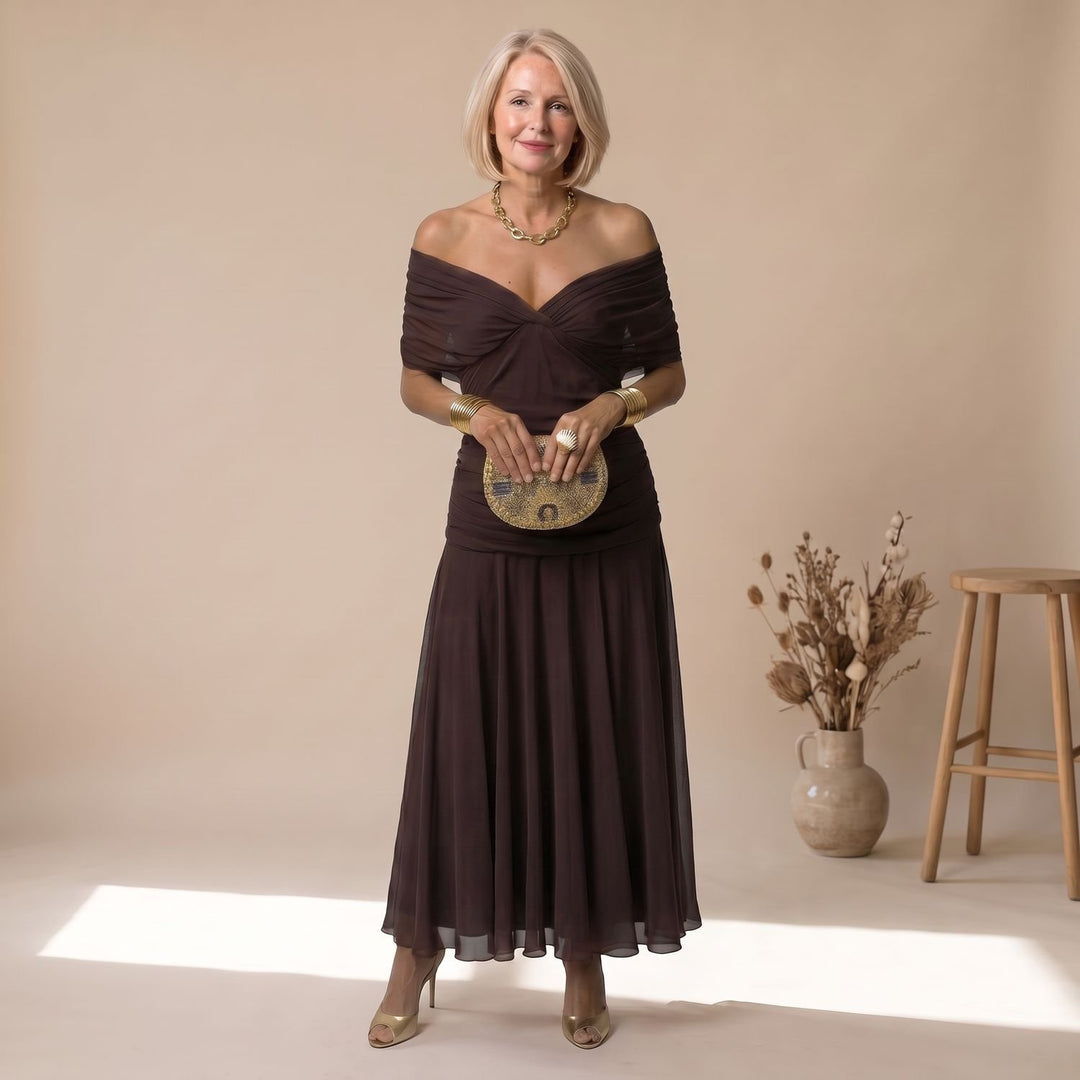 Dames Bloemprint Off-Shoulder Feestjurk Midi Geplooide Chiffon - Bruin