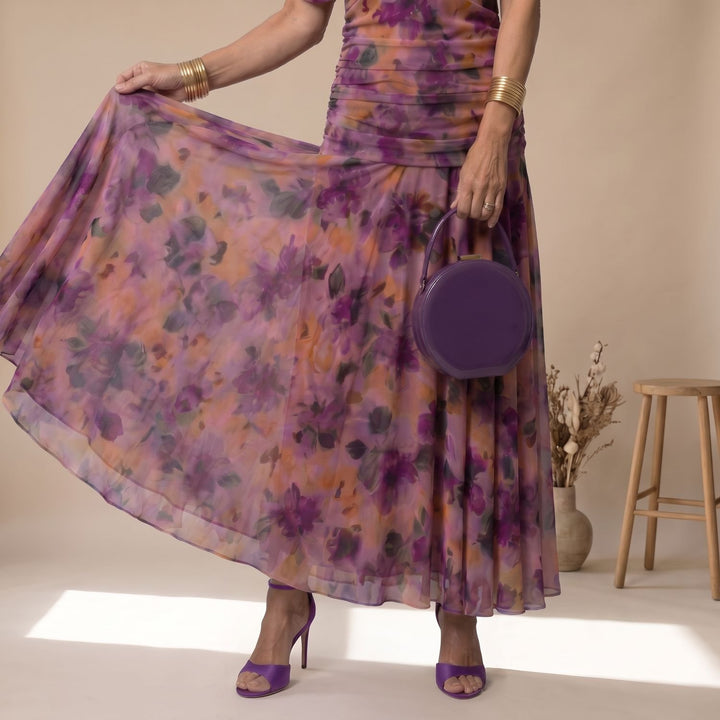 Dames Bloemprint Off-Shoulder Feestjurk Midi Geplooide Chiffon