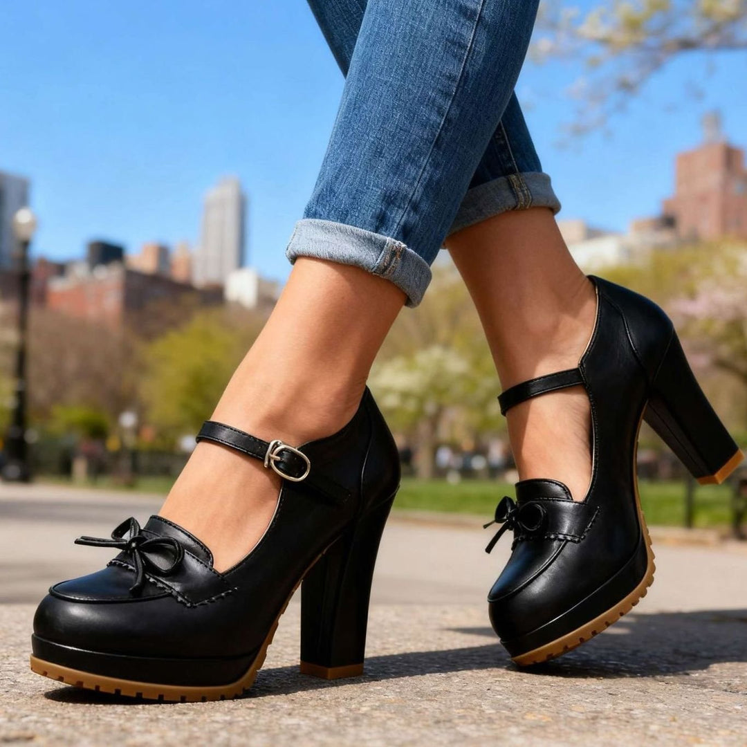 Dames Blokhak Pumps met Enkelbandje Strik Plateauzool
