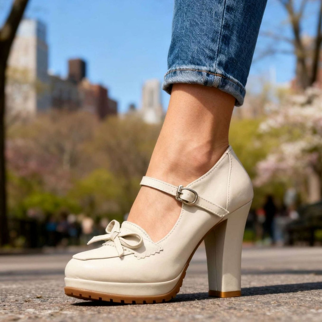 Dames Blokhak Pumps met Enkelbandje Strik Plateauzool