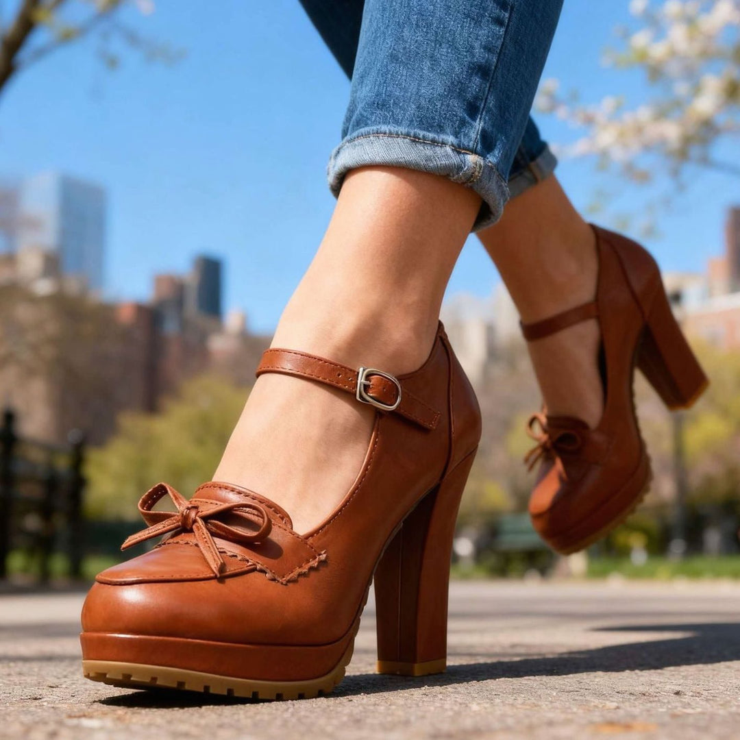 Dames Blokhak Pumps met Enkelbandje Strik Plateauzool