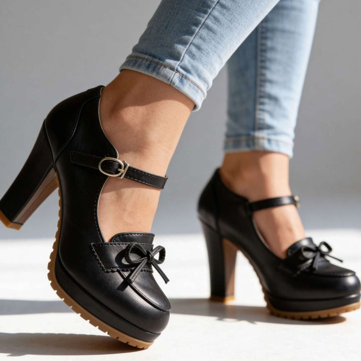 Dames Blokhak Pumps met Enkelbandje Strik Plateauzool - Zwart
