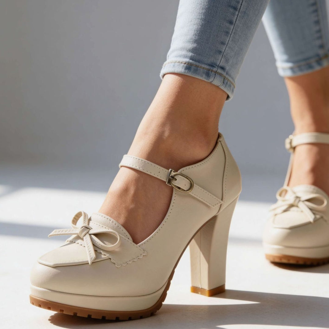 Dames Blokhak Pumps met Enkelbandje Strik Plateauzool - Crème