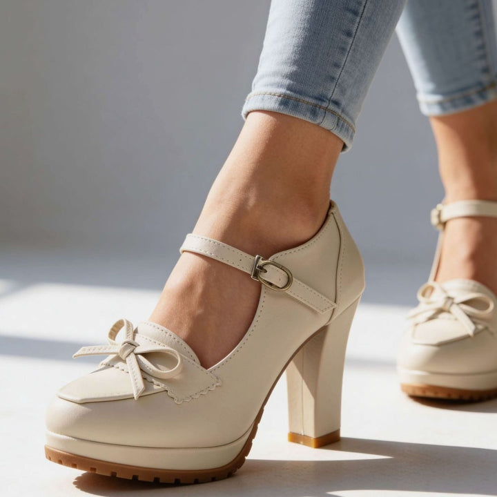 Dames Blokhak Pumps met Enkelbandje Strik Plateauzool - Crème