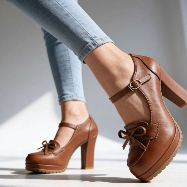 Dames Blokhak Pumps met Enkelbandje Strik Plateauzool - Bruin