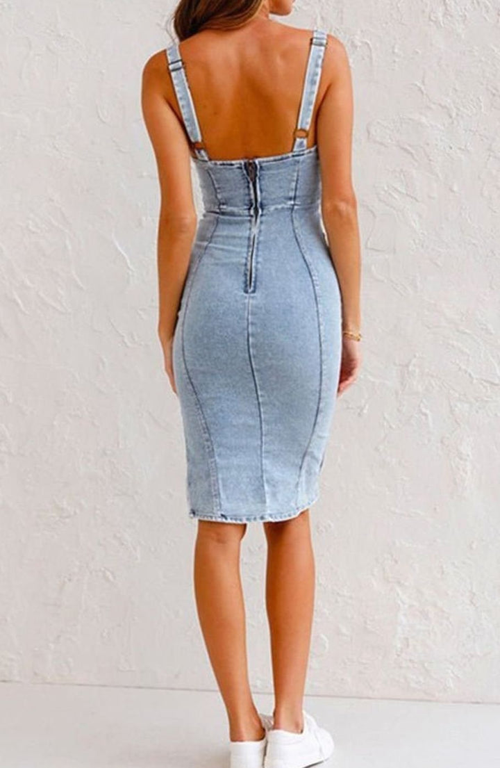 Dames Bodycon Elastische Denim Midi Jurk Spaghettibandjes Zijsplit