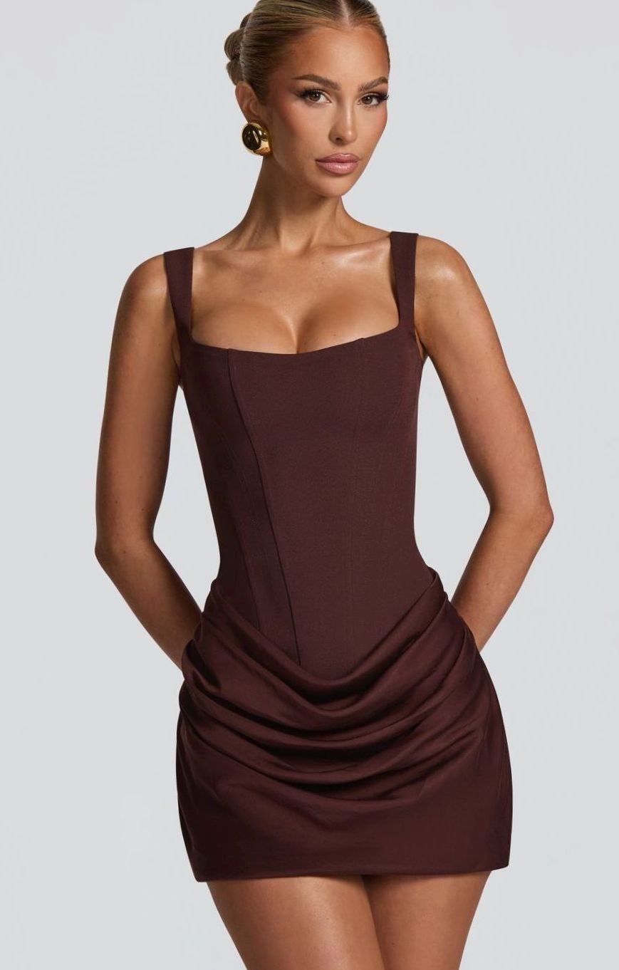 Dames Bodycon Feestjurk Vierkante Halslijn Geplooide Mini - Bruin