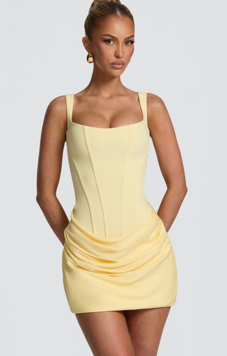 Dames Bodycon Feestjurk Vierkante Halslijn Geplooide Mini - Geel