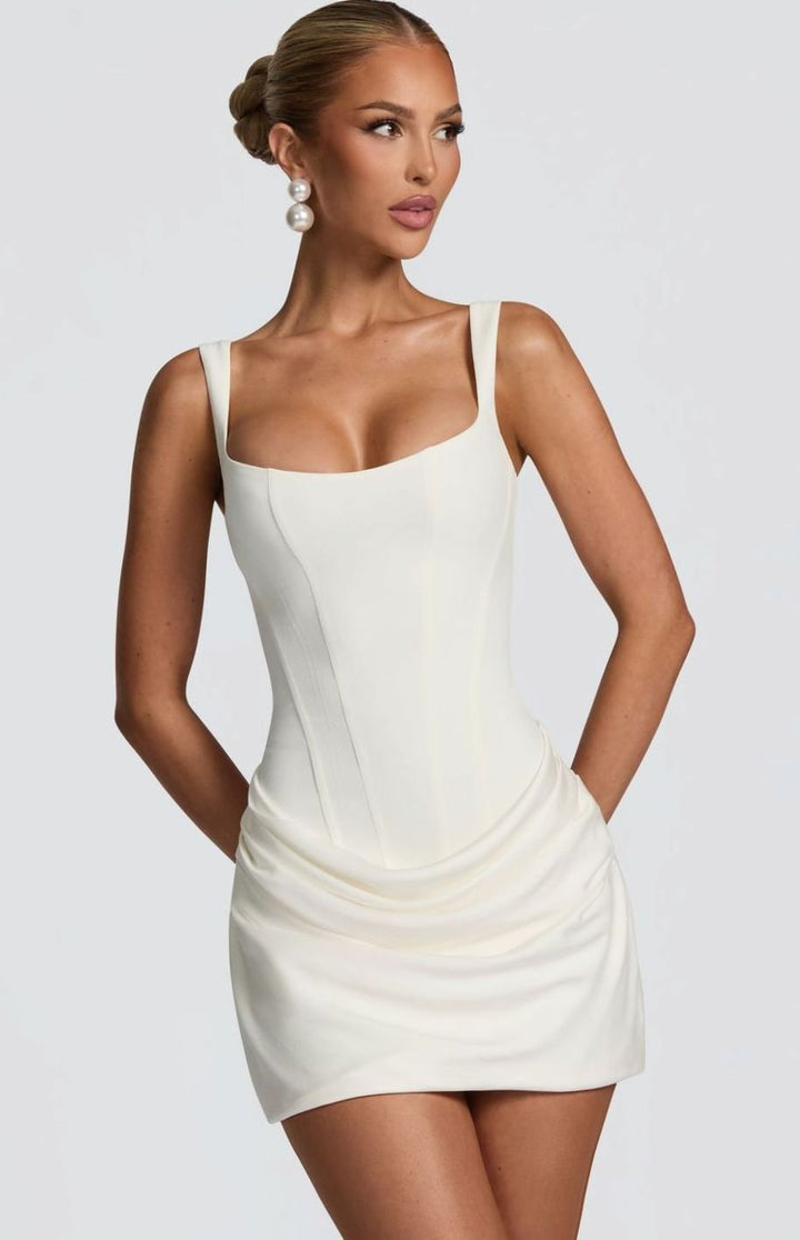 Dames Bodycon Feestjurk Vierkante Halslijn Geplooide Mini - Wit
