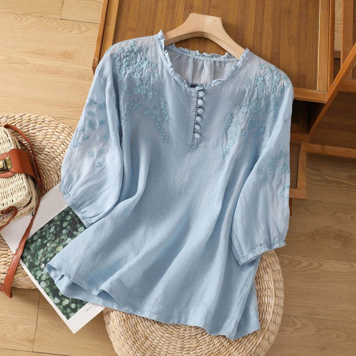 Dames Boheemse Geborduurd Ruches Linnen Blouse - Blue