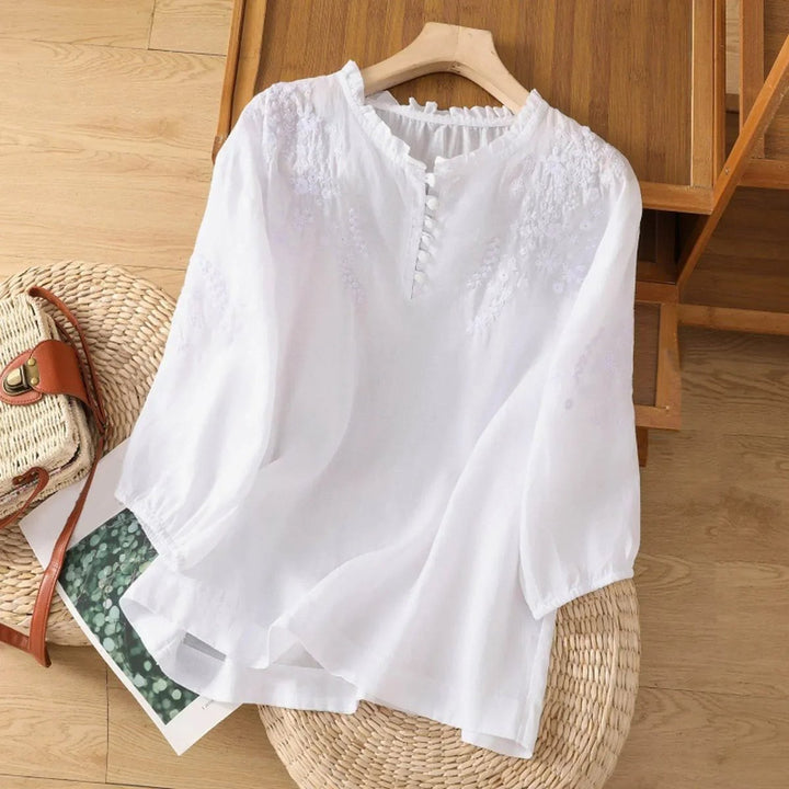 Dames Boheemse Geborduurd Ruches Linnen Blouse - White