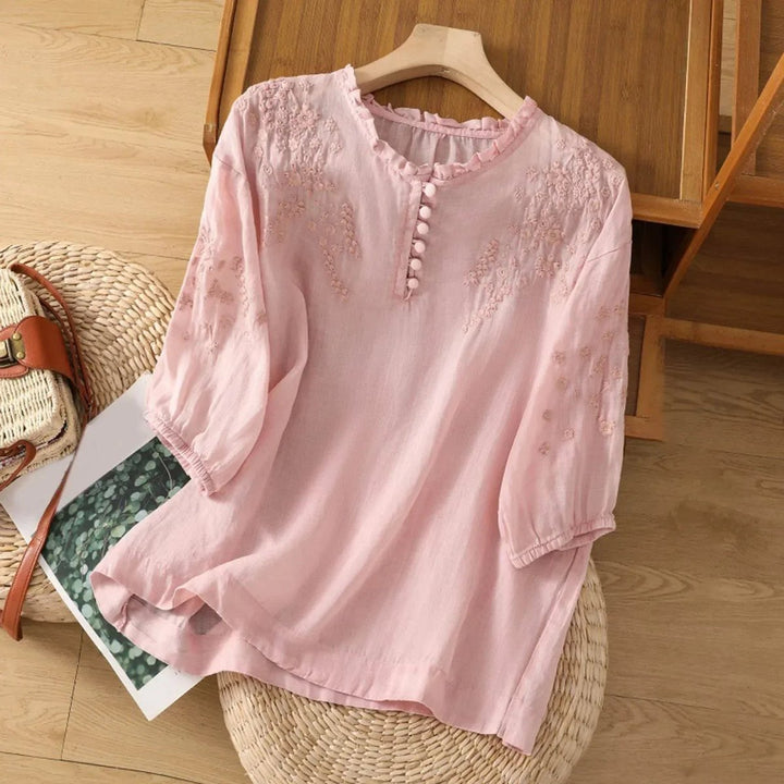Dames Boheemse Geborduurd Ruches Linnen Blouse - Pink