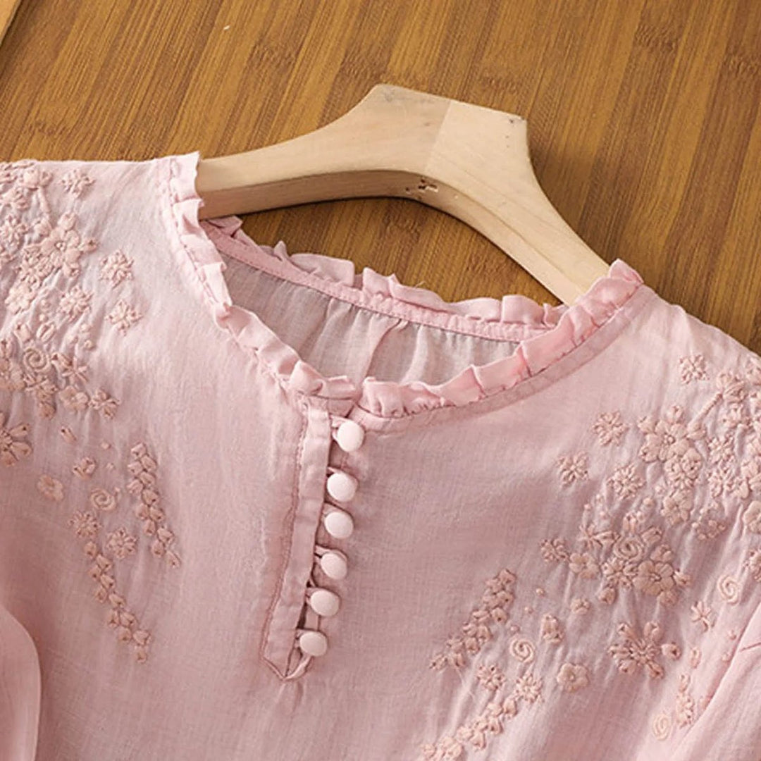 Dames Boheemse Geborduurd Ruches Linnen Blouse