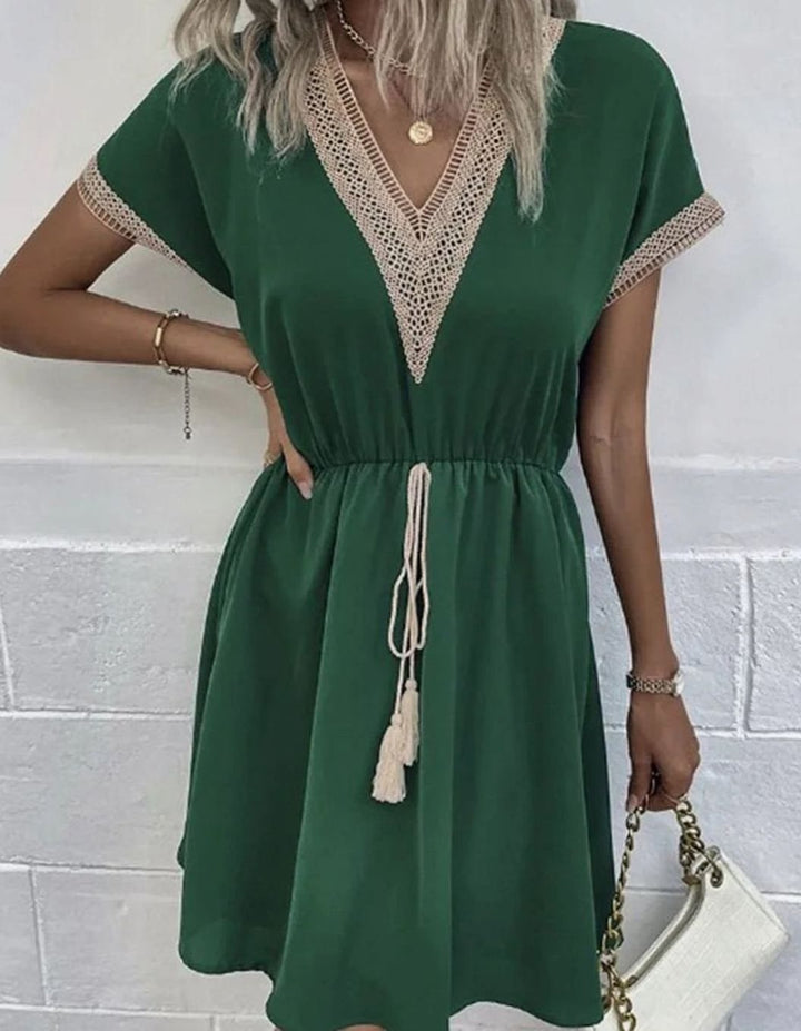Dames Boheemse V-hals Mini Zomerjurk Elastische Taille - Donkergroen