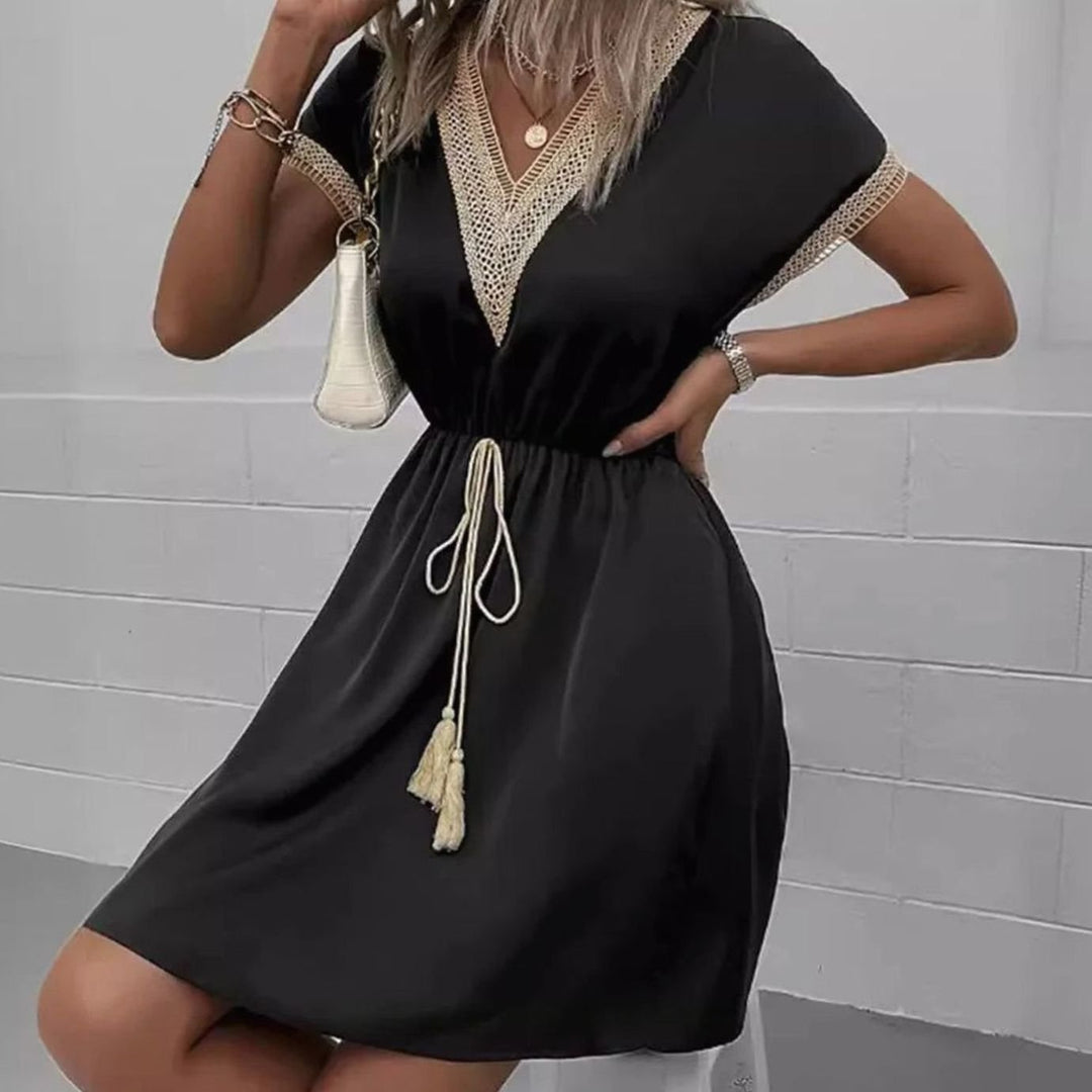 Dames Boheemse V-hals Mini Zomerjurk Elastische Taille - Zwart