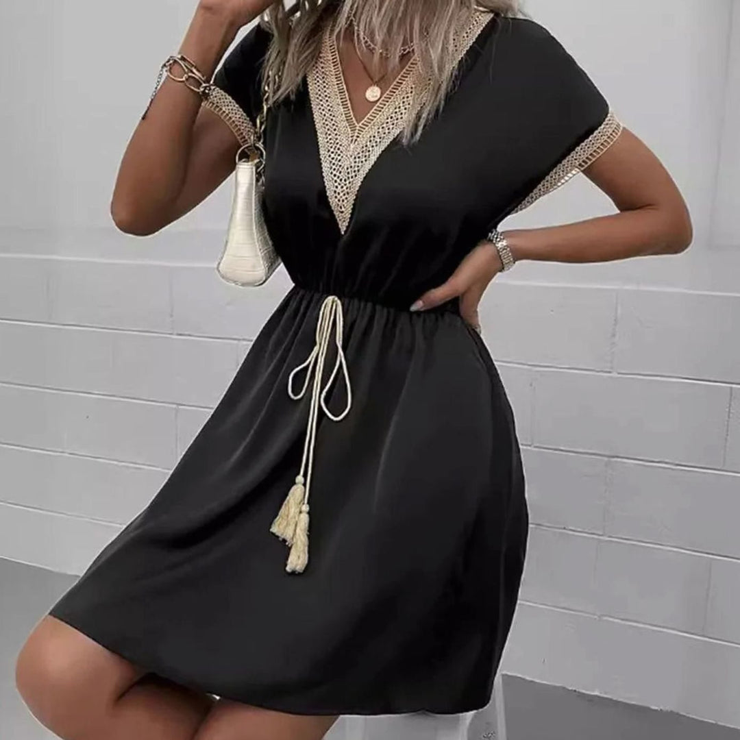 Dames Boheemse V-hals Mini Zomerjurk Elastische Taille - Zwart