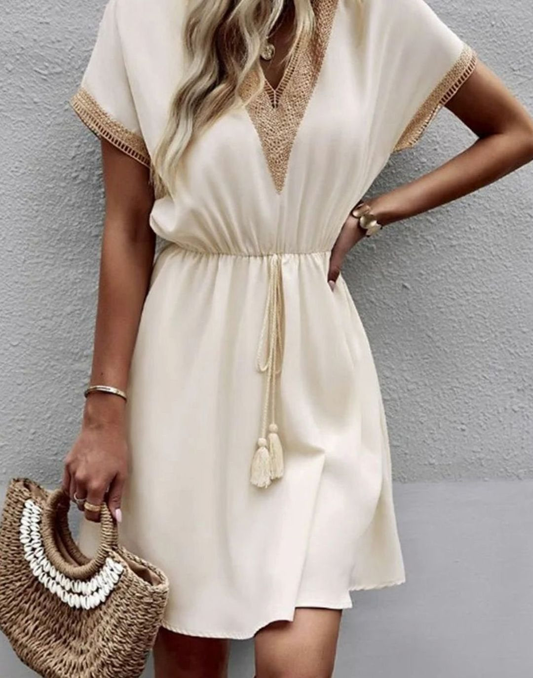 Dames Boheemse V-hals Mini Zomerjurk Elastische Taille - Abrikoos