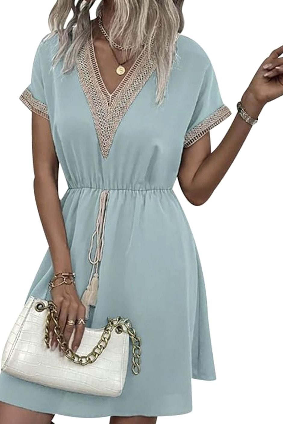 Dames Boheemse V-hals Mini Zomerjurk Elastische Taille - Groen