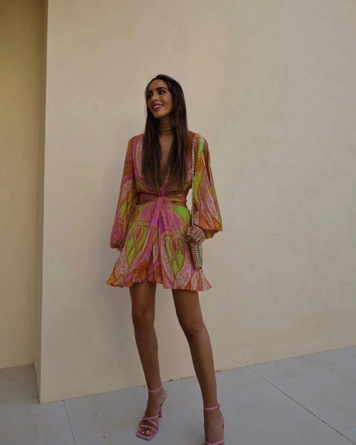 Dames Boheemse V-hals Mini Zomerjurk Paisley Print
