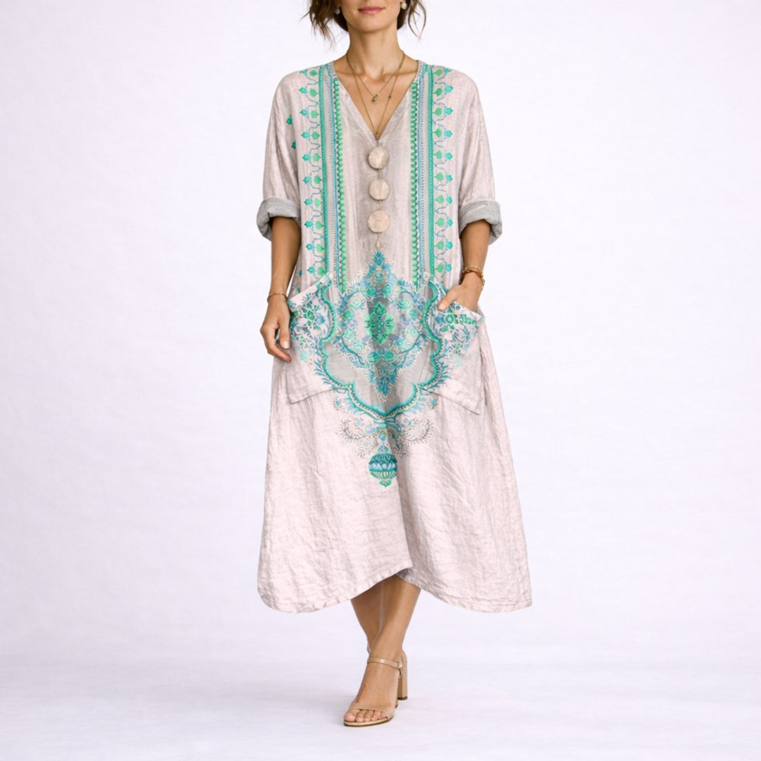 Dames Bohemian Maxi Kaftan Jurk Herfstbruiloft Gast V-hals - Roze en Groen