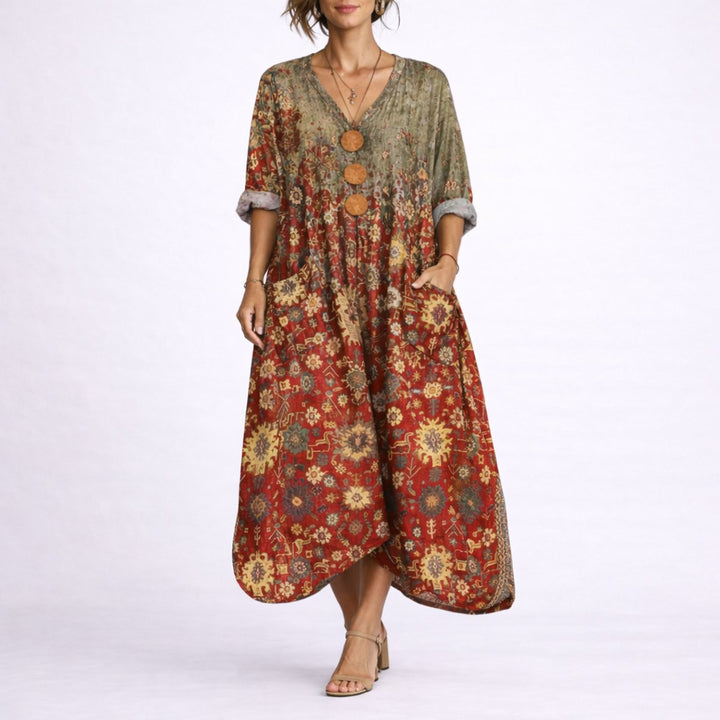 Dames Bohemian Maxi Kaftan Jurk Herfstbruiloft Gast V-hals - Rood Tapijt