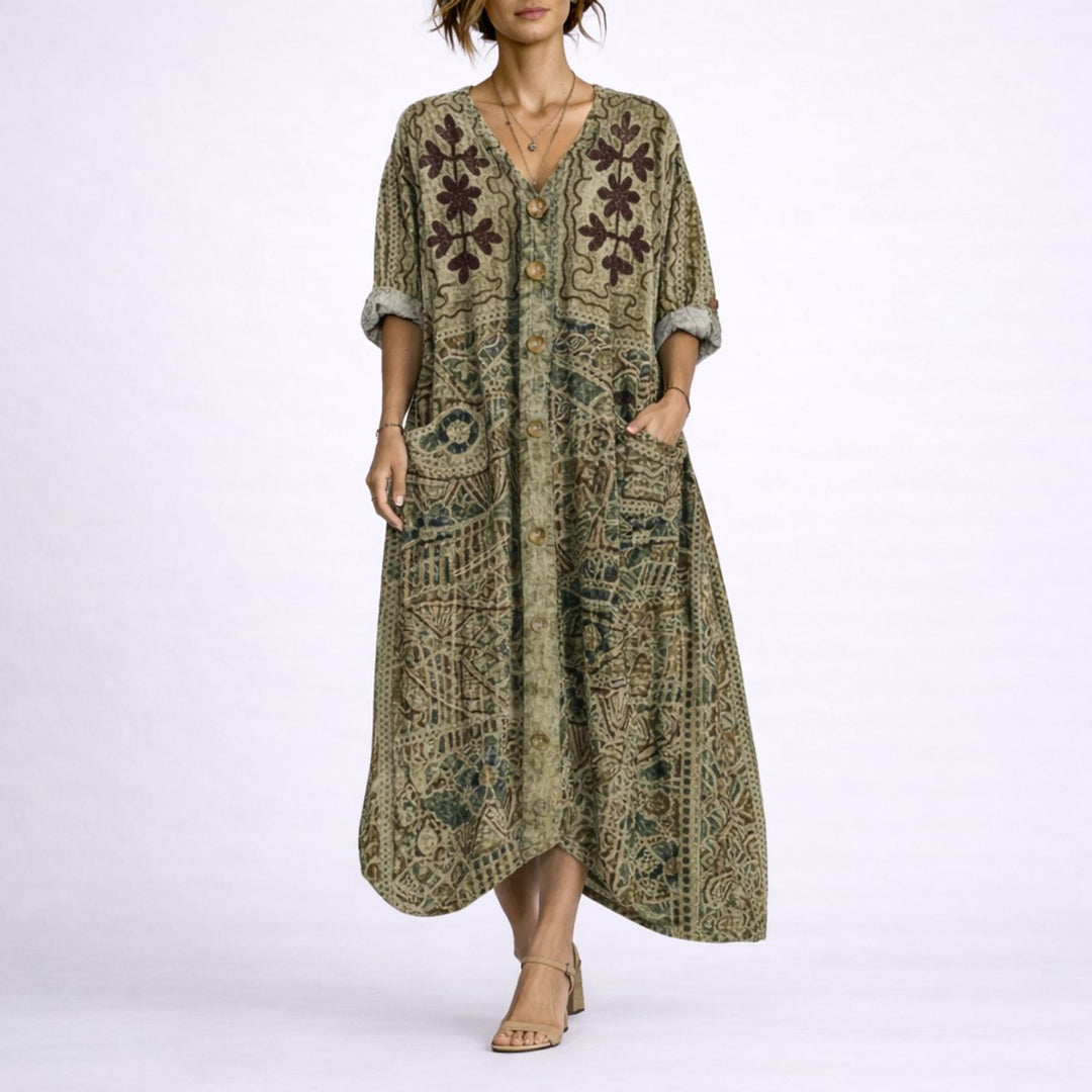 Dames Bohemian Maxi Kaftan Jurk Herfstbruiloft Gast V-hals - Groen